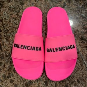 Balenciaga rubber pvc pool slides neon pink logo flats sandals sz 42
